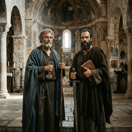 Two monks with halos, one holding large keys and a staff, the other holding a sword and a book inside an ancient church